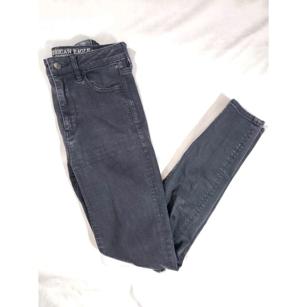 Sz 4 American Eagle Jeans Black Super High Rise Jeggings Distressed Knees Womens